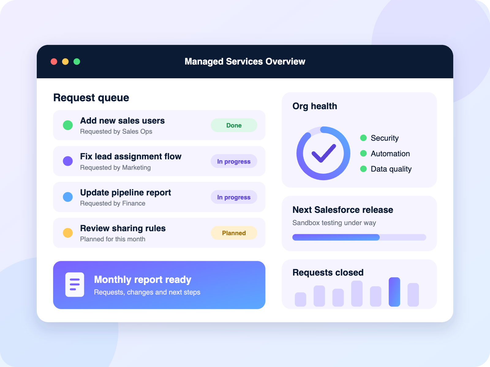 Salesforce managed services dashboard showing a request queue, org health checks and the next release status
