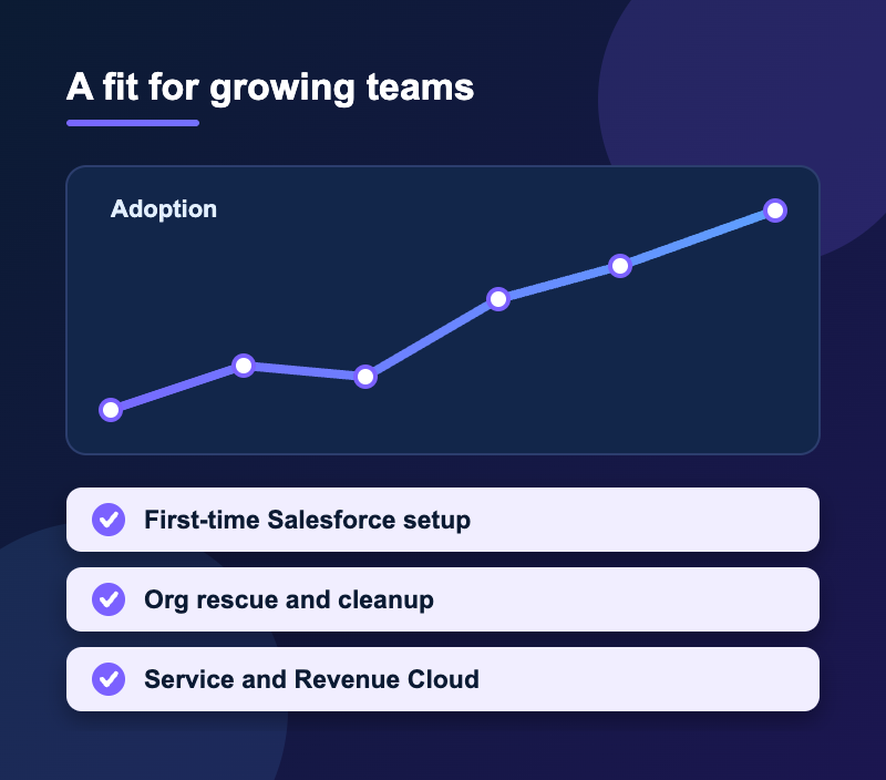 Growing business adoption chart with Salesforce setup, rescue and cloud projects