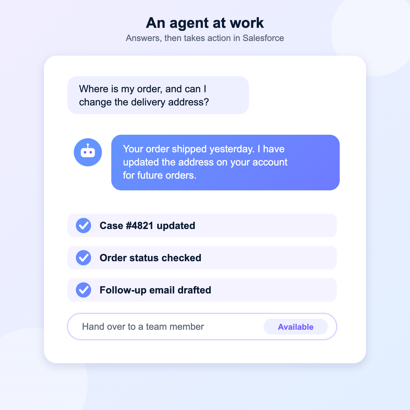 AI agent answering a customer question and updating Salesforce records