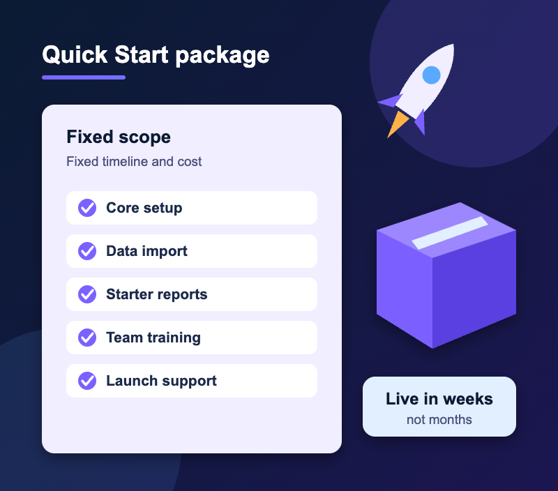 Salesforce Quick Start package with fixed scope, setup, data import, reports and training